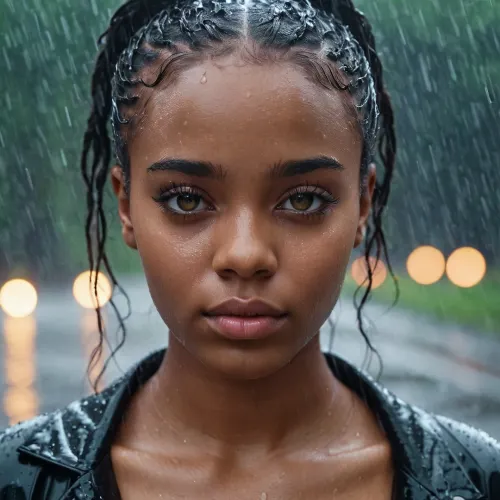 19 years old dark ebony girl, lightings, luminous eyes, under rain
