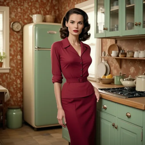 beautiful sexy slender traditional wife, full body standing pose, brunette, fully clothed, 1950s era clothing, kitchen background