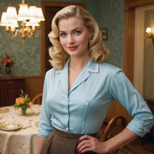 beautiful sexy traditional wife, full body standing pose, blonde, fully clothed, 1950s era clothing, perfect blue eyes, dining room background, serving dinner, happy smile