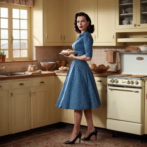 beautiful sexy traditional wife, full body standing pose, brunette, fully clothed, 1950s era clothing, kitchen background, baking pie