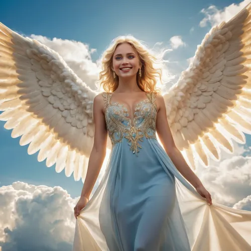 beautiful angel with very big wings and golden halo, full body floating in bright clouds, blonde, fully clothed, beautiful elaborate and dress, perfect blue eyes, happy smile showing teeth, perfect teeth