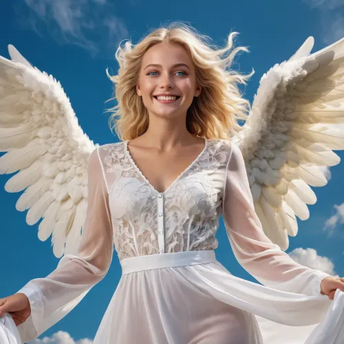 beautiful angel with wings, full body floating in bright clouds, blonde, fully clothed, perfect blue eyes, happy smile showing teeth