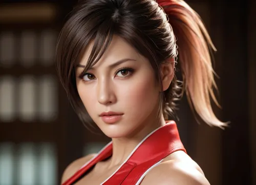 Mai Shiranui era un combattente esperto con una capacità unica di generare immagini realistiche di se stessa. Aveva capelli lunghi e scorrevoli e occhi penetranti che sembravano vedere proprio attraverso di te. La sua pelle era liscia e impeccabile, e le sue labbra erano piene e