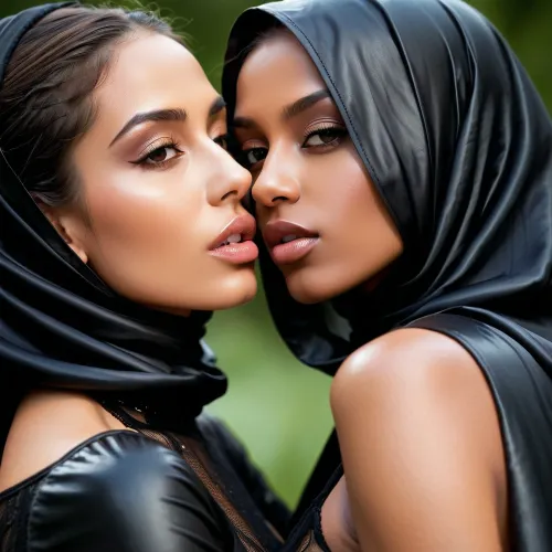 Un bacio appassionato e intenso tra due giovani donne, catturate in un hijab nero e hijab bianco. Il bacio è pieno di intenso amore e passione, con le loro lingue intrecciate e le loro mani che esplorano i corpi degli altri. L'illuminazione è perfetta,