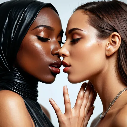 Due giovani donne si baciano appassionatamente, le loro labbra chiuse in un abbraccio stretto. La loro pelle è liscia e impeccabile, senza macchie o imperfezioni. L'illuminazione è perfetta, gettando una luce calda sui loro volti. La trama di