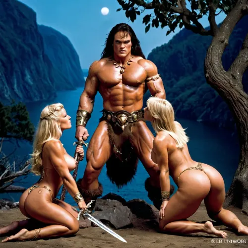 (((Conan is a Cimmerian, a barbarian man with huge muscles, a tall, muscular man with blue eyes, kneeling next to him a sexy blonde woman sucking his dick, she has a gorgeous ass, perfect body proportions, masterpiece, best quality))), ((((blowjob)))), (((right hand 5 fingers, left hand 5 fingers))), ((Conan sword, rune symbols, trees, sky)), Conan, the, Barbarian, k3nk3lly, fantasy, woman giving blowjob, <lora:Conan the Barbarian:.5>, <lora:k3nk3lly:.5>, <lora:FDXLFantasyStyleV2:.5>, <lora:SDXL_GigaTits:.5>, <lora:220437_training_data:.5>