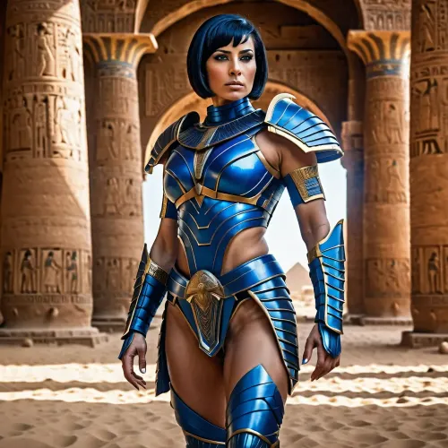 The Egyptian warrior in futuristic blue armor stood tall and proud, her 35 years old body visible through the full body visible picture. She had a wide smile on her face, with short black hair and a wide smile on her face