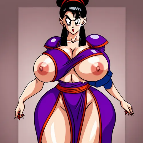 A woman in a voluptuous purple dress with anime character picture on it stands alone in a dark room, showing off her curvy figure to anyone who dares to look at her naked body. Her large breasts bounce as she moves around the room
