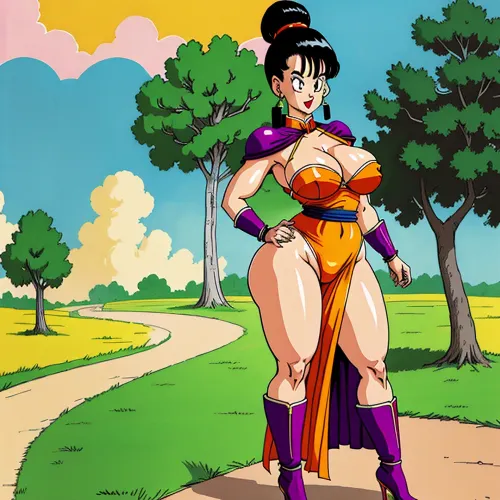 1 woman, solo, anime character, anime girl, milf, curvy, voluptuous, busty, big boobs, giant breasts, massive breasts, huge breasts, saggy breasts, black hair, standing strait, full front view, serious, lipstick, red lips, blue eyes, enormous boobs, Samui, abs, chichi_dbz, Purple_Dress_Orange_Neckerchief, Chichi_Bikini_Armor, Chichi_Blue_China_Dress, Yellow_China_Dress_Purple_Neckerchief, <lora:chichi_dbzV2:.5>, toriyama, akira, <lora:toriyama_akira_3:.5>, snakeway, pink, sky, road, yellow, cloud, kai, planet, grass, tree, flowers, <lora:otherworld_v1:.5>