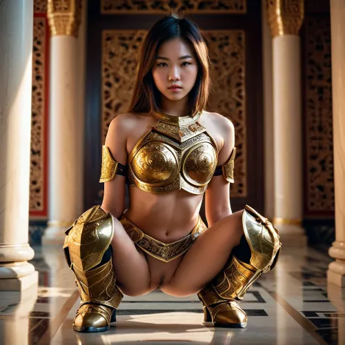 (nsfw), 18 year old asian young adult girl, abstract beauty, approaching perfection, dynamic, paladin armor, boots, squatting, palace, helmet