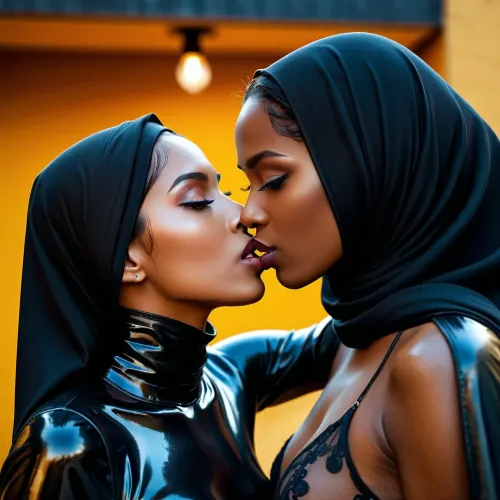 Due donne si baciano appassionatamente in un hijab di lattice nero, i loro corpi pressati strettamente insieme e le loro mani che esplorano le curve dell'altro. L'illuminazione è perfetta, con un morbido bagliore dorato che emana dalle pareti e dal soffitto, catturando ogni dettaglio di