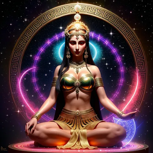 Bir kadın, çakralarından akan radiant enerjisi ile çevrili bir bahçede oturur. Tam uzunlukta bir Yunan eski elbise simetrik geometrik desenler ve ışık yansımaları ile giyiyor. Saçları bir taçta dekore edilir,