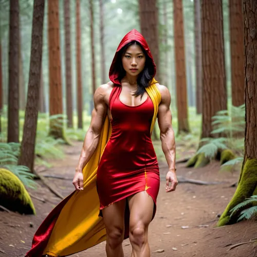 A young Asian woman with an 18-year-old body entered the forest, wearing a red-yellow dress that hugged her curves perfectly. Her muscular body was sculpted to perfection, and she knew how to use it to her advantage. As she