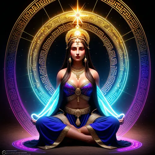 Okate, büyü ve büyücü tanrıçası, parlak ve renkli ışınların yarısına çevrili bahçesinde oturdu. Elbisesi saf enerjiden yapılmış, radiance ve ihtişam dolu. Onun içinde bir resim tuttu