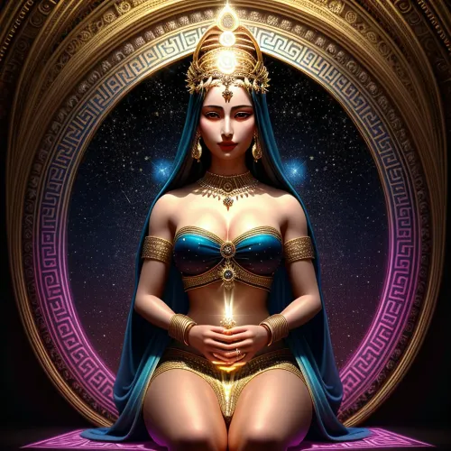 Parlak ve tamamen simetrik saray bahçeleri içinde bulunan kutsal geometrinin arka planına karşı ayaklarla oturdu. Onun çakralarından, ışıklı bir enerji akışını, bir sanat eseri, simetrik,