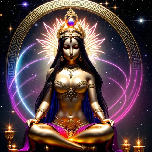 Kadın bahçede oturdu, simetrik ve antik yazıtlarla dolu bir sanat eseri ile çevrili