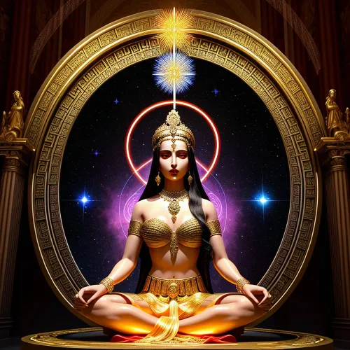 Radiant tanrıçası, onun akan gown ve mazlum yazıtlarının taçlanması, yaratılışın saf enerjisini engeller. Aklı gown einal ipliklerden yapılır, tanrısal varlığı ve ihtişamını yansıtan