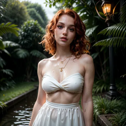Una giovane donna con pelle impeccabile e capelli lunghi si trova davanti a una drammatica scena forestale, indossando un abito da sposa etereo fatto di morbida seta. L'illuminazione è perfetta, evidenziando le sue curve e rendendo la sua pelle luminosa. Il fotografo cattura il momento
