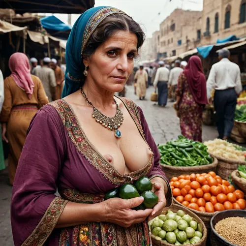 Eine 50-jährige Frau verkaufte Gemüse auf dem Markt mit einem traditionellen mittelöstlichen Bauernkleid, mit ihren Nippeln exponiert. Sie hatte ein Bild von sich selbst auf ihrem Telefon und sie schrieb jemand, während sie um den Markt ging