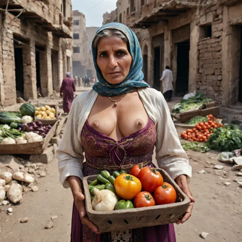 a 50 year old woman selling vegetables in the street wearing s traditional middle eastern peasant dress, hair covering, exposed boobs, city in ruins, demolished buildings, breasts, cutout, clothing, nipples, <lora:2BoutOvalSDXL2-000002:.5>