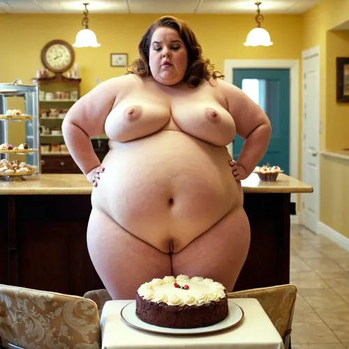 여자는 서둘러 그녀의 새로운 몸을 보여, 하지만 그녀는 그녀의 케이크를 먹고 기다릴 수 없었다. 그녀는 실수로 우유의 유리 위에 녹고 카운터 위에 유출