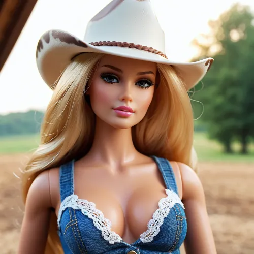La bambola barbie era un ritratto completo del corpo di una ragazza sexy, sexy con bella pelle e sgualdrina giunti di plastica. Aveva un cappello da cowboy sulla testa e un vestito da donna da fattoria sul suo corpo. La sua pelle di plastica era liscia e morbida