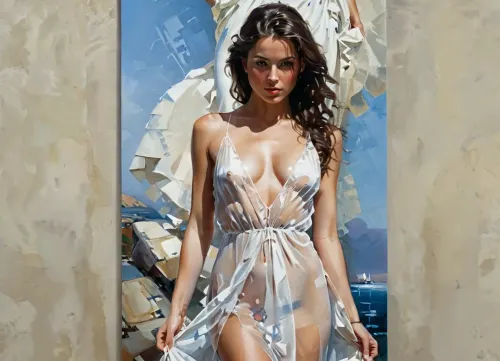 The young woman in the oil painting was wearing a white dress and posed for a picture. She had long dark hair and full body oil painting. The statue was of a beautiful exotic woman with an airbrush abstract figurative art style