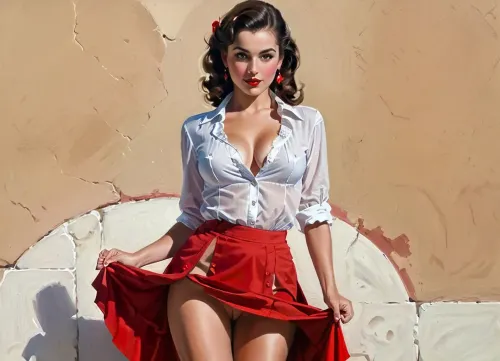 A oil painting, full body, inspired by Gil Elvgren, a woman in a red skirt posing for a picture, transparent white blouse, small breasts, digital art, Artstation contest winner, breasts covered and sfw, at target, beautiful arab woman, highly detailed vector art, it absolutely outstanding, full body pictures, brunette brunette, nicely detailed, clean and neat, beautiful symmetric, lovely and cute, ((unrealistic)), ((surrealism)), ((detailed beautiful face)), Studio, <lora:oil painting:.8>, <lora:flat_chested_v3.5:.5>, <lora:xl_more_art-full_v1:.5>, <lora:Fantasy_art_L_V1:.5>, <lora:skirtlift_xl:.5>