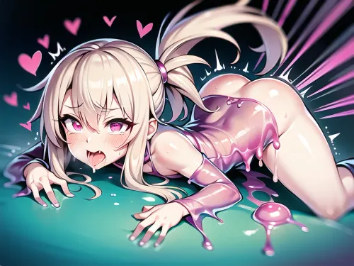 Ein schlankes Mädchen mit einem rosa Herz geformte Schüler und magenta Linien, die ihren Körper bedeckt, war mit sehr nassen und dunkel rosafarbenen Sex mit einem Mann bedeckt in Make-up