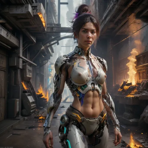 Zaryaは、ハイテク機器やツールに囲まれ、美しいサイボーラボで立っています。 彼女のサイバーパンクの服は暗いとセクシーでした, ネオンと火の先端と. ハイテク機器に囲まれた美しいサイボーラボに立ち寄る