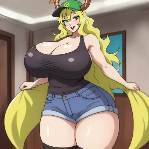 거대한 그림의 앞에 서있는 voluptuous busty 및 curvy 인물을 가진 여자, 그녀의 녹색 눈은 당신을 뒤로 전했습니다. 그녀는 보라색 탑에 의해 덮은 거대한 연소를했다, 그리고 그녀의 긴 파도가 금발 머리가 내려