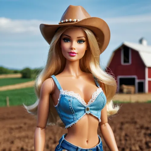 The barbie doll was a full body portrait of a sexy, sexy girl. She had beautiful skin and long blonde hair. Her blue eyes were piercing and her lips were red as roses. She wore a short, tight-fitting cowboy hat that