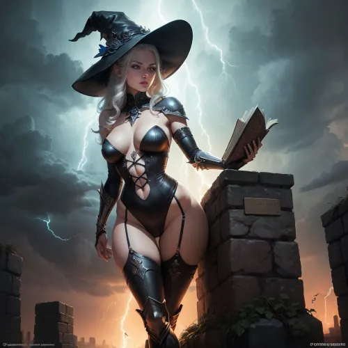 The voluptuous adult elf sorceress sat against the wall, her pointed hat casting a shadow over her perfect body. She was wearing a sparkling skeleton outfit with intricate details and 8k magical sparks from her fingers. Her pointed hat cast a shadow