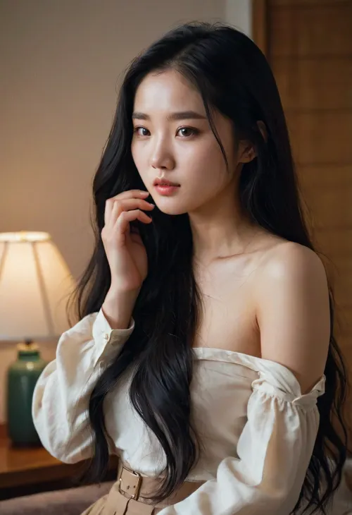 A cute mess, escort outfit, and dimly lit room photorealism of a shy flirting expression AI-generated character with impeccable skin-imperfections photorealism stands out from other AI-generated characters
