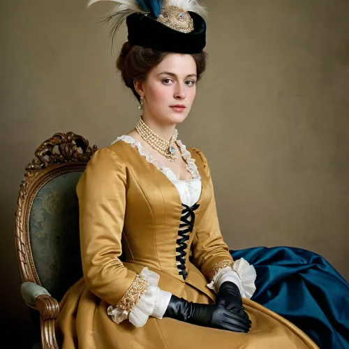 Женщина на картине неизвестна, но ее наряд и аксессуары предполагают богатый и модный образ жизни. Она изображена в элегантном легком пальто с меховой отделкой и бархатной шляпой, отделанной перьями, предполагая, что она может присутствовать на официальном мероприятии или празднике