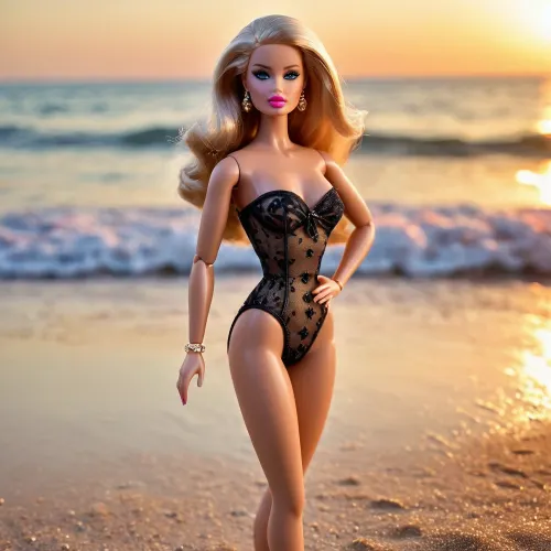 The barbie doll was sitting on the beach, wearing a sexy bikini and high heels. Her lips were full and her skin was smooth, but she had a plastic body that made her look like a doll. She was surrounded by other girls who were