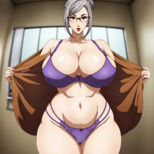 Meiko Shiraki, a voluptuous woman with huge breasts and curvy figure, stood in front of the prison school with a serious expression. She wore glasses that magnified her violet eyes and pushed her enormous bust up to her chin. Her