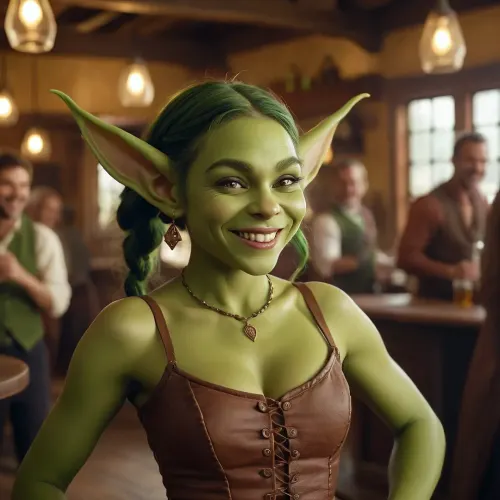 cute goblin girl, big ass small tits, smiling, green skin, pointed ears, dancing, tavern