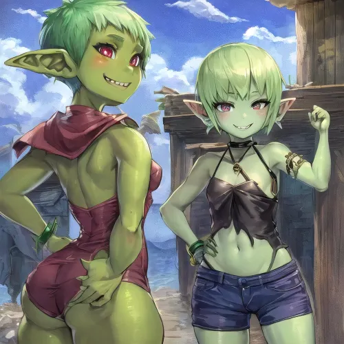 a cute goblin girl, green skin, pointed ears, small breasts, curvy, short hair, pixie cut, mischevious smile, saloon