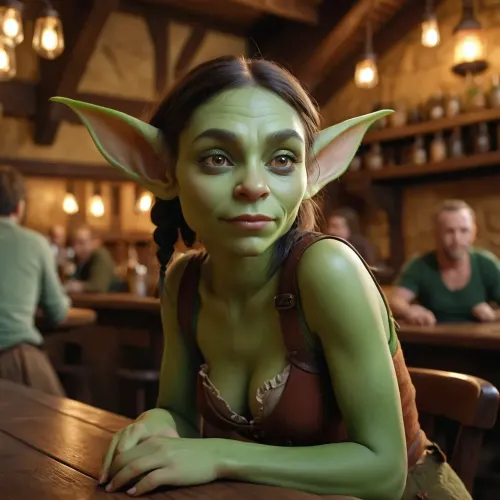 A rapariga do Goblin sentou-se no bar, o seu pequeno rabo mal se encaixa no banco. Sua pele verde brilhou na luz da caverna, e suas orelhas apontadas tremeram enquanto ela ouviu as conversas dos clientes. De repente,