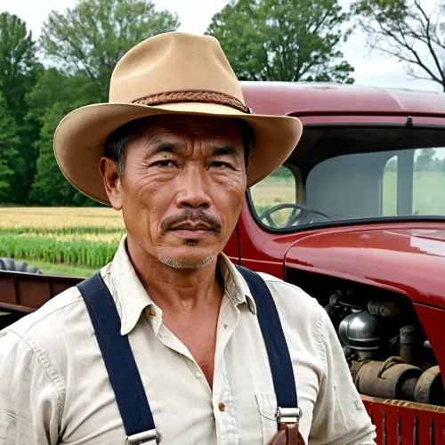 L'uomo nella foto è un uomo asiatico di 55 anni con una costruzione media e un aspetto a collo rosso. Ha una cornice da 5'10', braccia muscolose e un'ombra di cinque ore. I suoi suspenders sono a corto di soldi