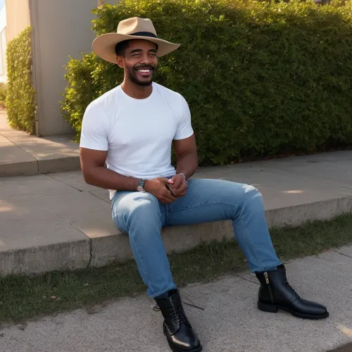 L'uomo era vestito casualmente in una tshirt bianca infilata in jeans e stivali, con un moustache e bel sorriso. Stava guardando verso il tramonto, perso nel pensiero. Nella sua mano era un nero iPhone 15 Pro Max,