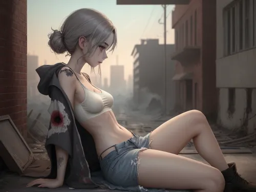 一个穿着破烂的衣服和瘦身的年轻女孩被描绘在人工智能生成的照片中,坐在一个被毁坏的城市景观上,四周是被烧毁的房屋。 她的灰皮被灰烬覆盖,而她的瘦大腿则暴露在外. 她长的