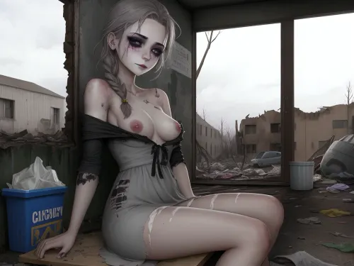 灰色的皮肤女孩坐在垃圾堆上,她的破衣服几乎覆盖了她的瘀伤。 她的一只乳房出来了, 揭示了一个乳头 被多年的虐待。 她坐着笑得滑滑的