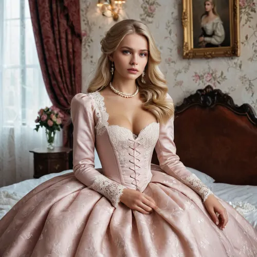 The young woman in the picture is a Russian model with long blonde hair and a deep sad look. She is dressed in an exquisite dress with a puffy skirt reminiscent of the 'Lady Lump' style, accented with lace details and soft fabrics