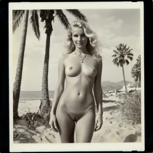 Молодая шведская девушка 60-х годов улыбается и позирует перед камерой, ее волосатые лобковые волосы видны. У нее есть танлин на теле, и она носит бикини без дна. Ее сильные ноги широко расставлены,