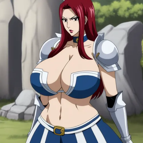 Эрза Скарлет, женщина с массивным бюстом и сладострастными изгибами, носила доспехи, которые покрывали все ее тело, кроме лица и рук. Ее доспехи были сделаны из красных губ, которые она использовала, чтобы душить врагов