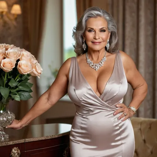 A 60-year-old Russian woman with a large waistline and thick thighs posed for a luxury picture shoot, wearing a luxurious satin evening dress, jewellery, and diamond earrings. She wore expensive dimpled cheeks and thick neckles