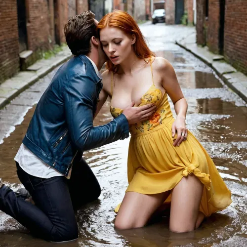 Une femme est agressée sexuellement par un homme dans une ruelle, avec son visage obscurci par des ombres et son dos arqué alors qu'il se jette dans la bouche. Sa robe est déchirée pour exposer ses seins, et elle pleure et essaie de s'échapper