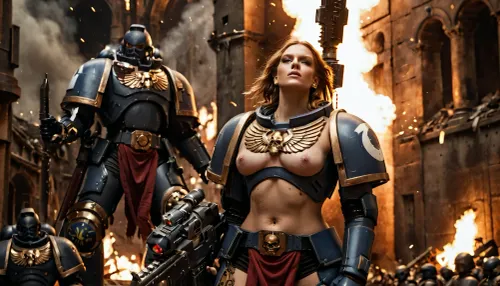 (masterpiece, best quality), uhd, 8k, realistic photo, low angle view, wide angel view, full body, (2women gorgeous goddess wearing knight armor:.9), (topless, bare breasts, nipple piercing, large saggy breasts, huge breasts, loving gaze, long long legs, tattoos:1.2), fighting in a destroyed medieval city, action pose, fire, explosion, cinematic, (holding bolter:1.1), crowd of space marines in full armour, <lora:primaris_marine-knight_armor-000007:.8>, <lora:crowd_of_people:.4>